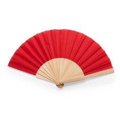 Abanico con varillas de madera y tela en poliéster.